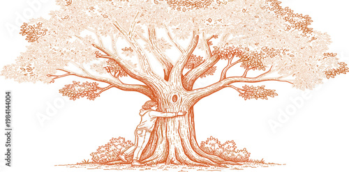 Vintage Tree Illustration with Person Hugging Trunk in Engraved Style for Nature Conservation, Environmental Awareness, and Emotional Connection Concepts