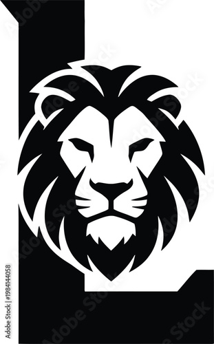 Dramatic lion head logo symbolizing strength and courage on bold black and white background