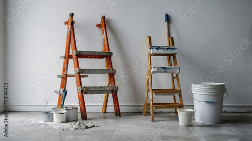Work tools for painting a room in a home setting during the day