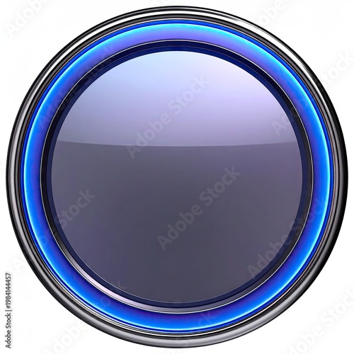 Shiny, round button with a glowing blue outline and chrome rim