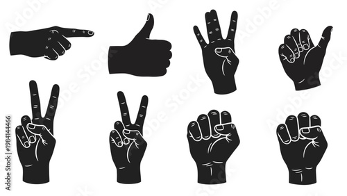 Hands making various gestures with fingers on white background