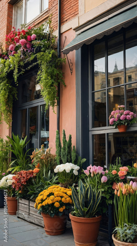 Flower display in front of shop with pots on sidewalk
