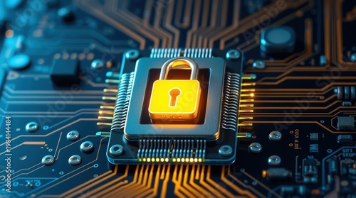 Security concept with a padlock symbol on a circuit board showing technology and protection