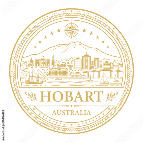 Hobart Tasmania city skyline emblem with Mount Wellington and harbor ships vector illustration