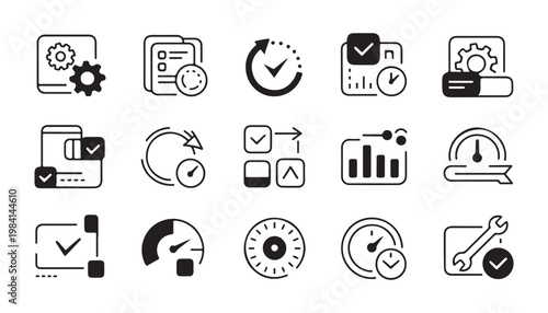 Efficiency metrics and management icons set featuring progress tracking with performance indicators.