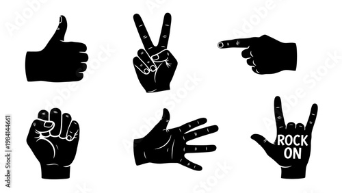 A set of six black hand gestures are shown on a white background including thumbs up peace signs and rock on symbols.