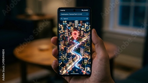 Hand holding smartphone with navigation app showing city route at night