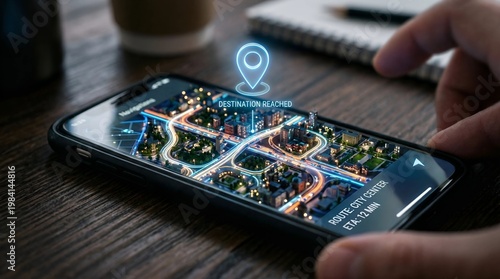 Hand holding smartphone with 3D city map navigation showing destination reached