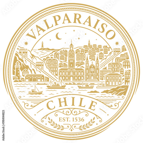 Valparaiso Chile city seal with hills and port gold line art vector illustration
