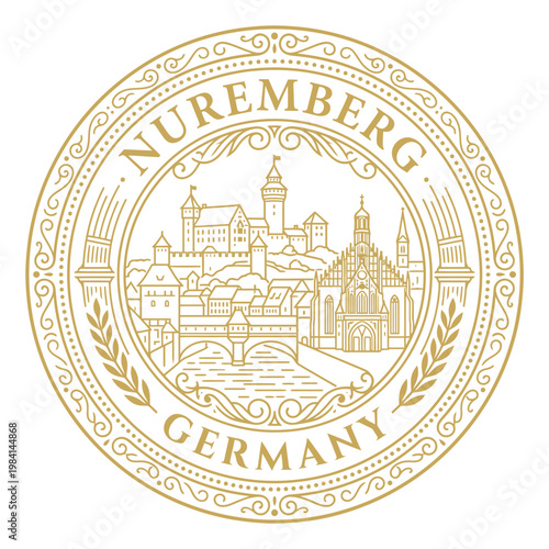 Vintage circular Nuremberg Germany city emblem featuring castle and cathedral architecture vector illustration
