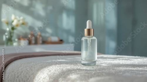 Skin care product bottle placed on a soft towel in a spa setting during daylight