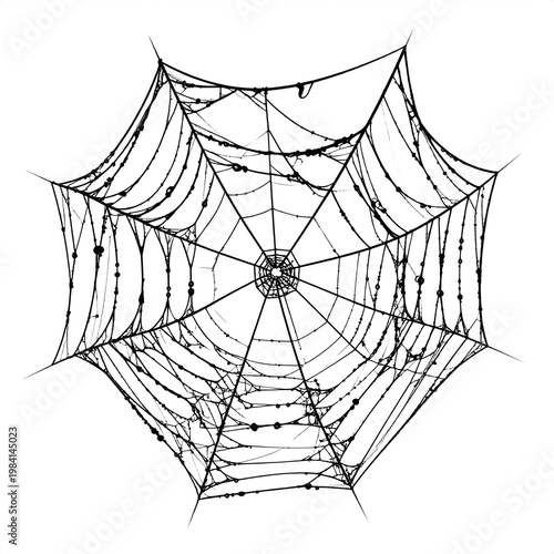 Detailed overhead view of a spider web against a bright white backdrop
