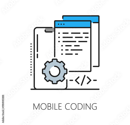 Mobile coding icon with smartphone screen, application window and gear setting symbol. Vector software program code, programming, computer system operate and app development outline technology sign