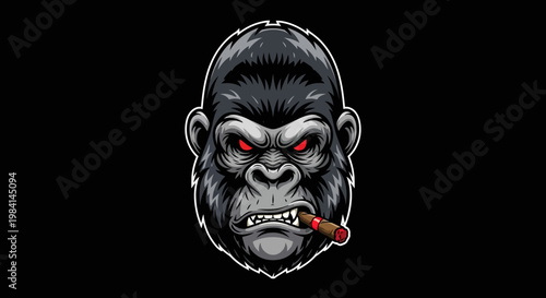 Digital illustration of a gorilla's head with red eyes smoking a cigarette on a black background.