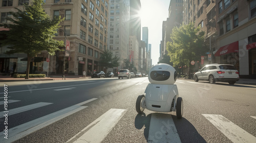 Robotic delivery device navigates city street in bright sunlight during the day