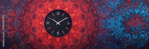 Clock on wall with colorful background displays time in abstract pattern setting