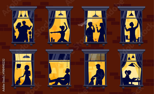 Neighborhood night windows with life scenes of male, female and family. Vector apartment building facade with yellow windows. People dancing, drinking coffee, working, spending time with pet and relax