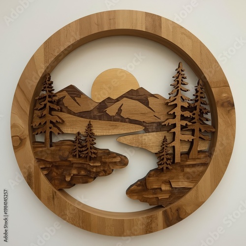 Wood carving scene of landscape with mountains, trees, and sun at sunset