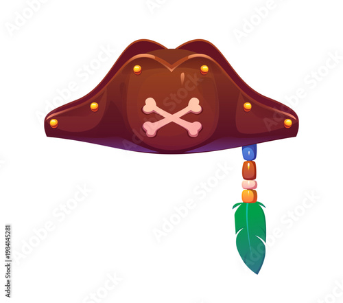 Cartoon pirate and corsair tricorn hat. Vector sailor or sea captain headwear, carnival costume hat with crossbones emblem, beads and feather. Brown buccaneer cocked cap. Caribbean rover headwear