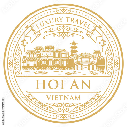 Elegant Hoi An Vietnam luxury travel emblem featuring old town landmarks golden vector