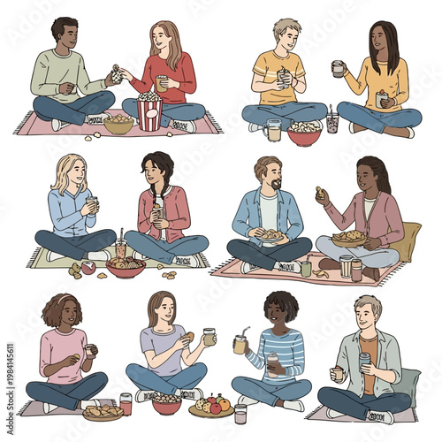 Group of diverse friends relaxing together enjoying snacks drinks and popcorn during casual social gathering outdoor picnic setting playful fun leisure time bonding moments.