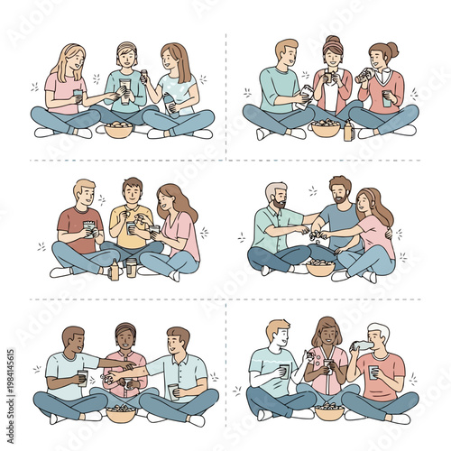 Friends gathered together sharing drinks and snacks in a casual setting enjoying each others company laughter and conversation creating happy memories simple leisure activities.