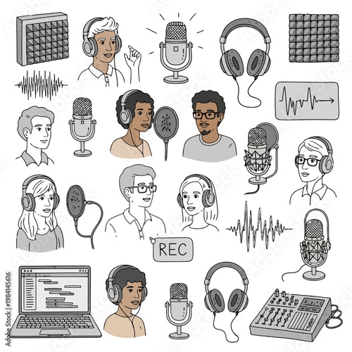 Collection of podcasting equipment and audio recording elements microphones headphones soundproofing panels mixing board laptop showing professional voice over and broadcast production studio.