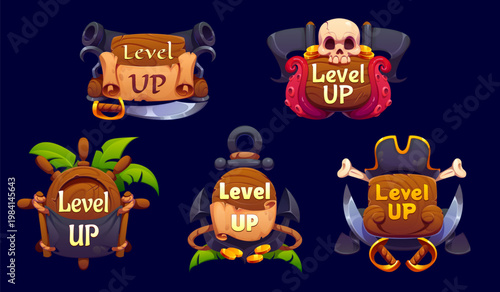 Pirate level up rank vector icons, piracy game badges of skull with tentacles and cannons with scroll. Cartoon palm framed steering wheel, anchor and rope with coins level up rank badges set