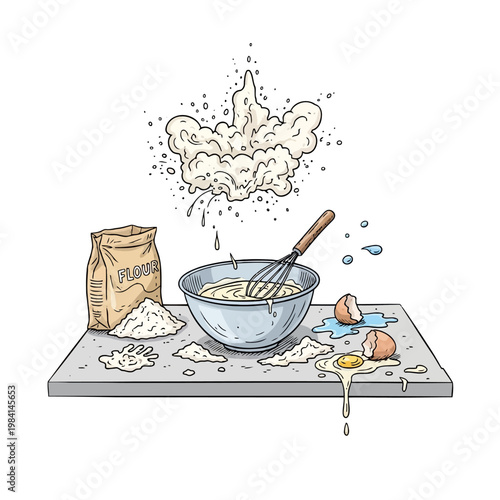 Baking mishap flour explosion eggs cracking mixing bowl with whisk creating a mess on kitchen counter representing cooking failure or experimental baking fun chaos ingredients.