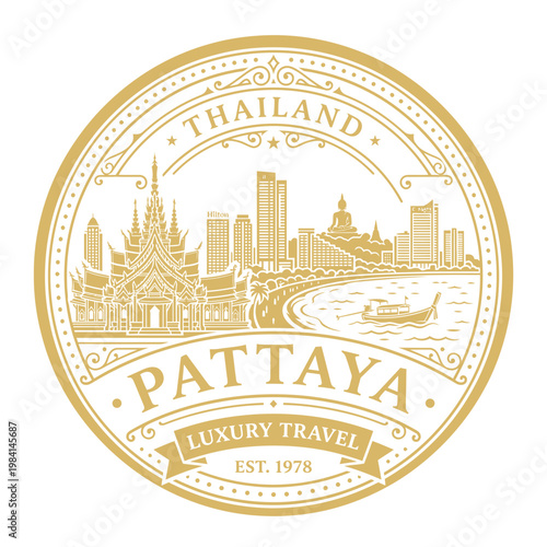 Gold Pattaya Thailand luxury travel emblem featuring city landmarks vector illustration