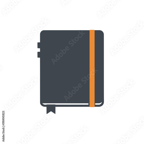 Professional notebook icon with elastic band. Modern flat vector illustration of a dark diary or planner isolated on white. Stationery and office supply symbol.
