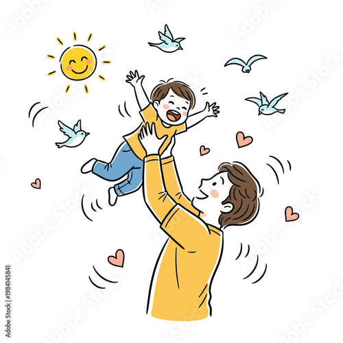 father tossing happy child in air, family playing together outdoors with sun and birds.