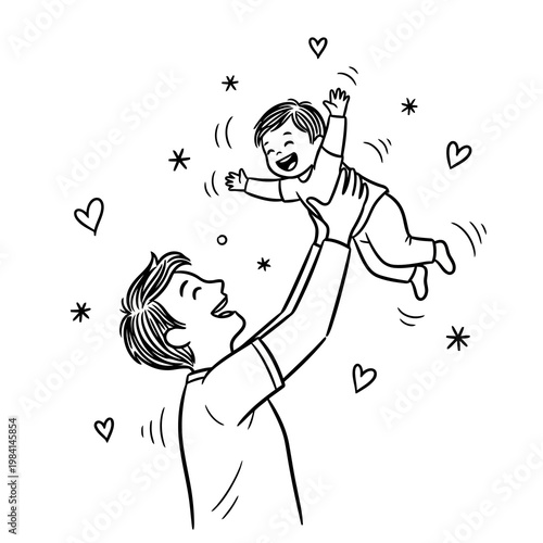 father tossing happy child in air, family playing together outdoors with sun and birds.
