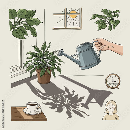 Woman watering house plant near window with sunbeams and shadows coffee cup on table clock showing early morning time for home plant care routine.