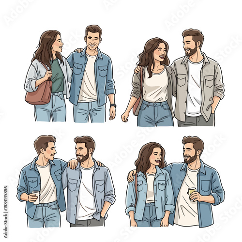 Happy young couple walking together, arms around each other, smiling and enjoying each other's company, casual outfits, outdoor setting, romantic and affectionate gesture