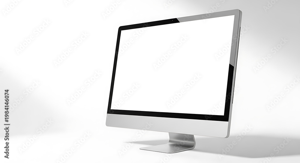 Fototapeta premium A sleek silver desktop computer monitor with a blank white screen on a stand