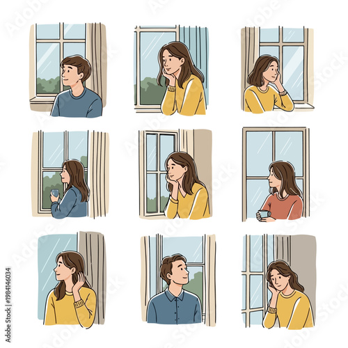 Collection of diverse people looking out of window frames, contemplative mood, moments of reflection and longing, cozy interior scenes.