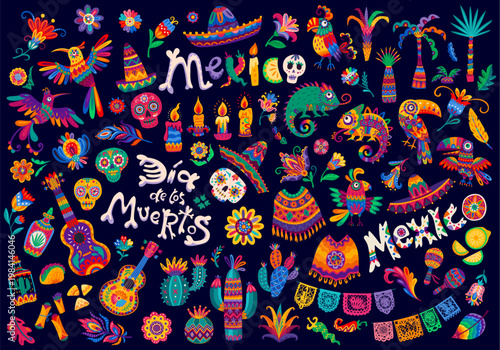 Mexican objects, guitars and papel picado, parrots and toucans, national cuisine food, candles, cacti or palm. Vector mexican chameleons, hummingbirds and flowers, sombrero and calavera skulls objects