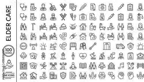 A collection of line icons related to elder care and healthcare services. AI, eps, png, jpg. transparent background.