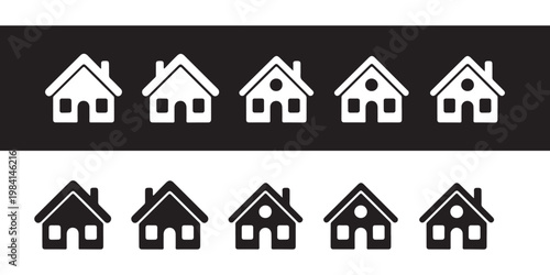 Residential cottage icons collection with different window styles in black and white vector format.