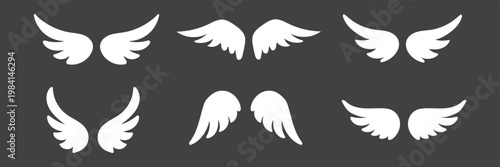 Wings with long feather. Angel or bird wing flat black icon set. Aviation pilot patch badge. Heraldic vintage army insignia emblem falcon phoenix hawk. Flying winged frame. Biker logo stencil stamp