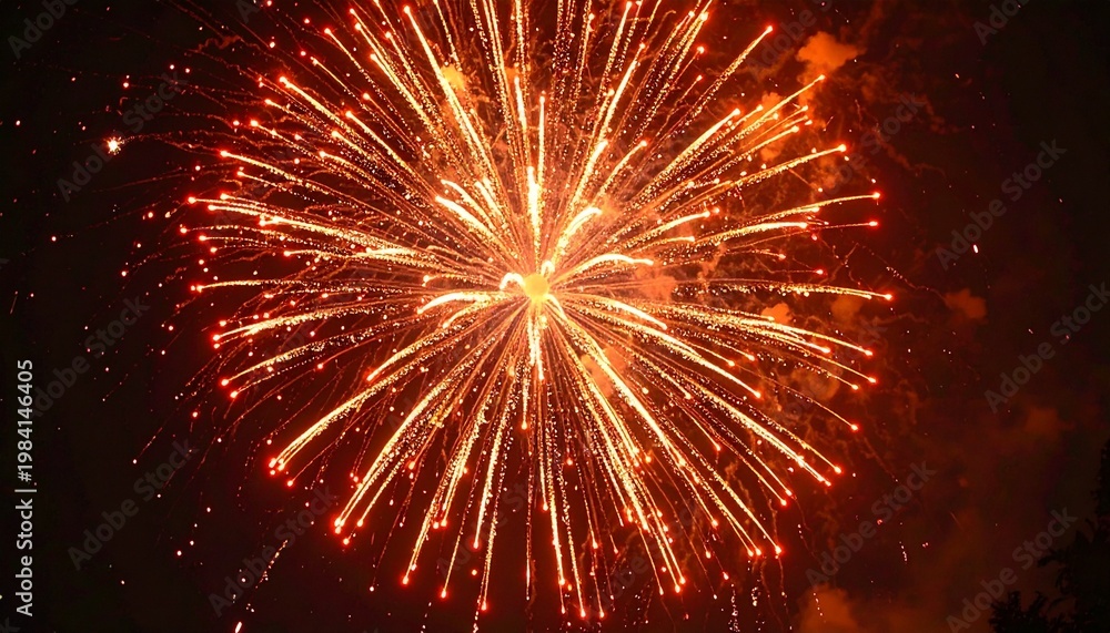 Obraz premium A vibrant firework explodes in the night sky with bright orange sparks