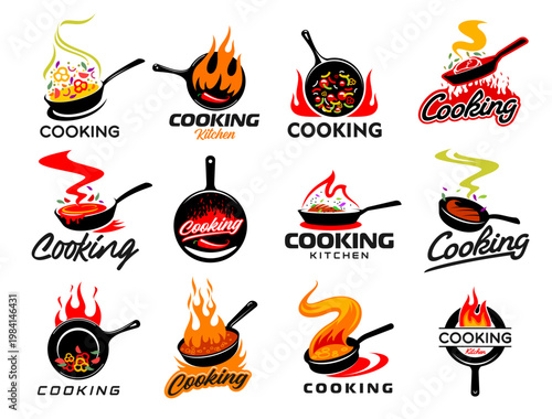 Cook pan icons with frying food and fire, vector kitchen utensils and chef kitchenware. Cooking pan, saucepan, skillet and wok symbols with frying vegetables, hot chili peppers, meat steak and steam