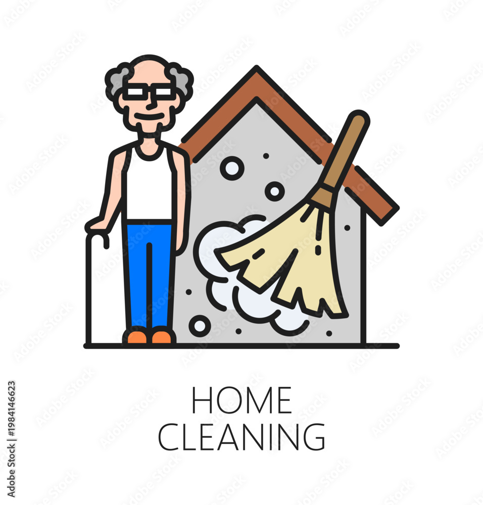 Fototapeta premium Elderly care service home cleaning color line icon. Elderly help service sign, senior nursing center vector icon. Older person social support and care pictogram with elderly man, broom cleaning dust