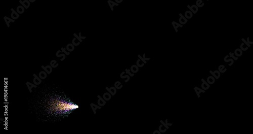 Magic particles million star flying turn back fast launcher with glitter and bubbles faded red orange purple blue color on the black screen