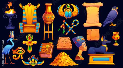 Egypt game icons asset, ancient egyptian symbols and treasures of cartoon UI. Vector gold scarab, stone tablet, pharaoh throne and papyrus scroll. Egypt civilization game golden coins and ankh icons