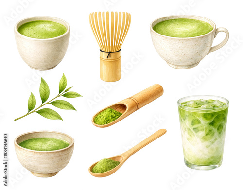 和風水彩手描き抹茶セット 茶碗 茶筅 茶杓 アイス抹茶 緑茶イラスト	
