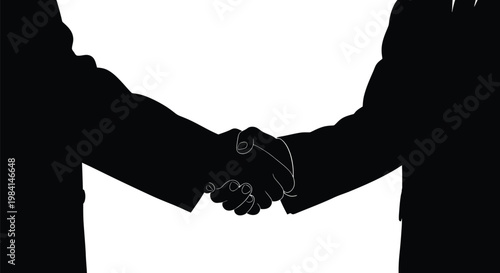 A professional vector graphic illustration depicting two business people shaking hands, symbolizing successful partnership, agreement, and cooperation in a minimalist black and white design style.