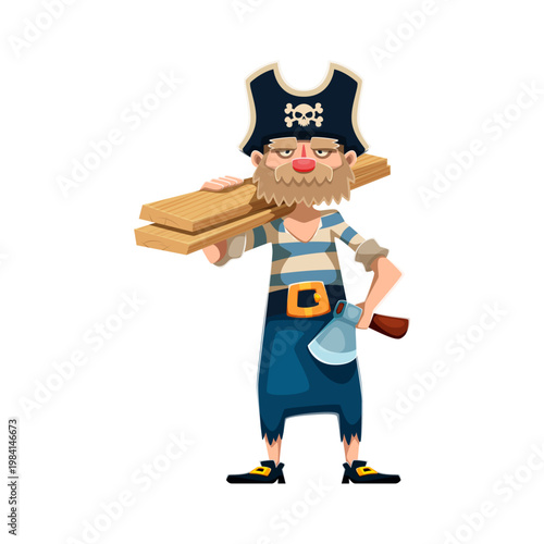 Cartoon pirate carpenter ship crew character in striped shirt holds an axe and wooden planks on shoulder. Vector corsair sailor sporting a beard, and tricorn hat, ready for ship repair and carpentry