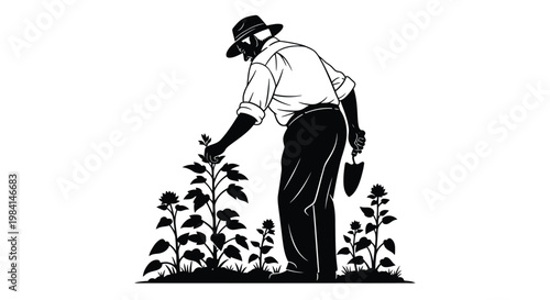 A skilled gardener in a classic hat carefully tending to young plants in a lush field, holding a trowel, presented as a black and white vector graphic illustration.